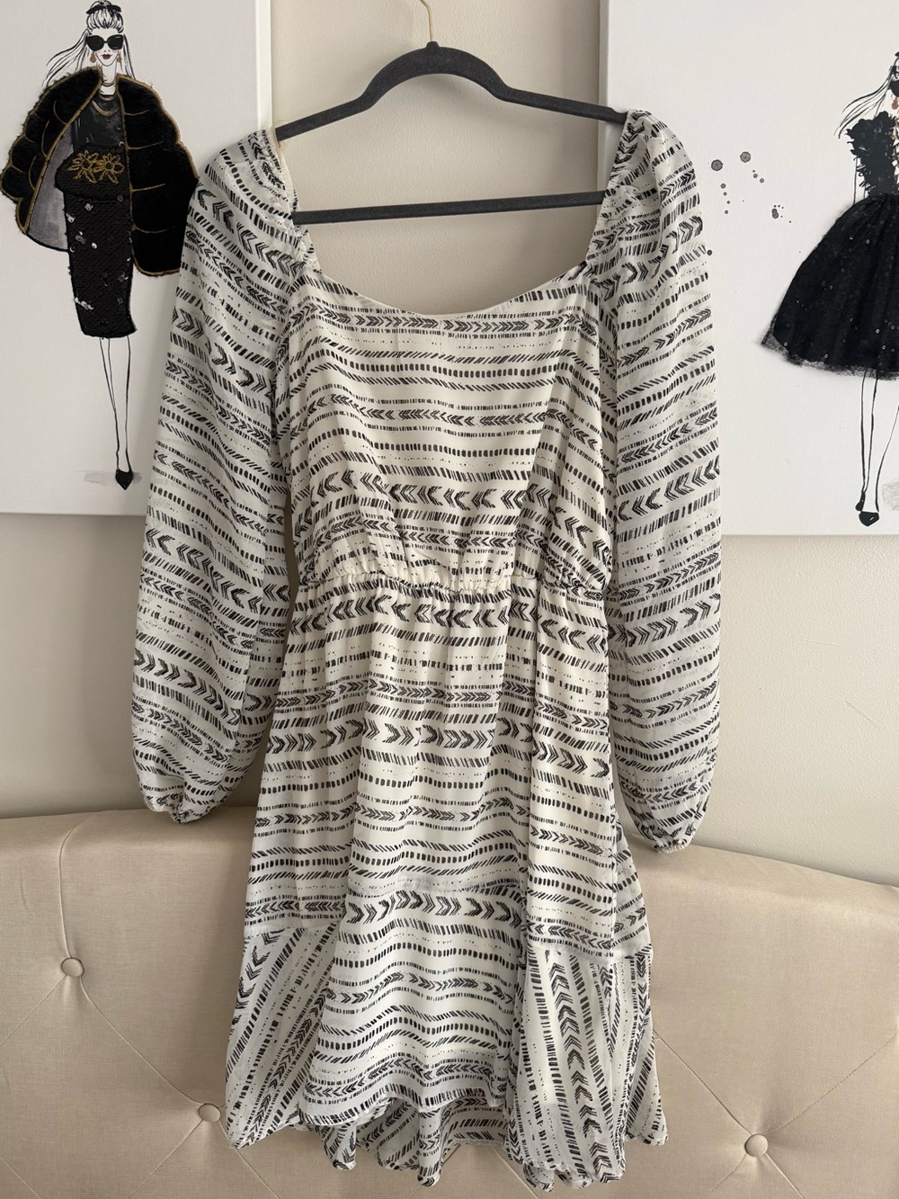 All in Favor Cream & Black Boho Square-Neck Long-Sleeve Mini Dress